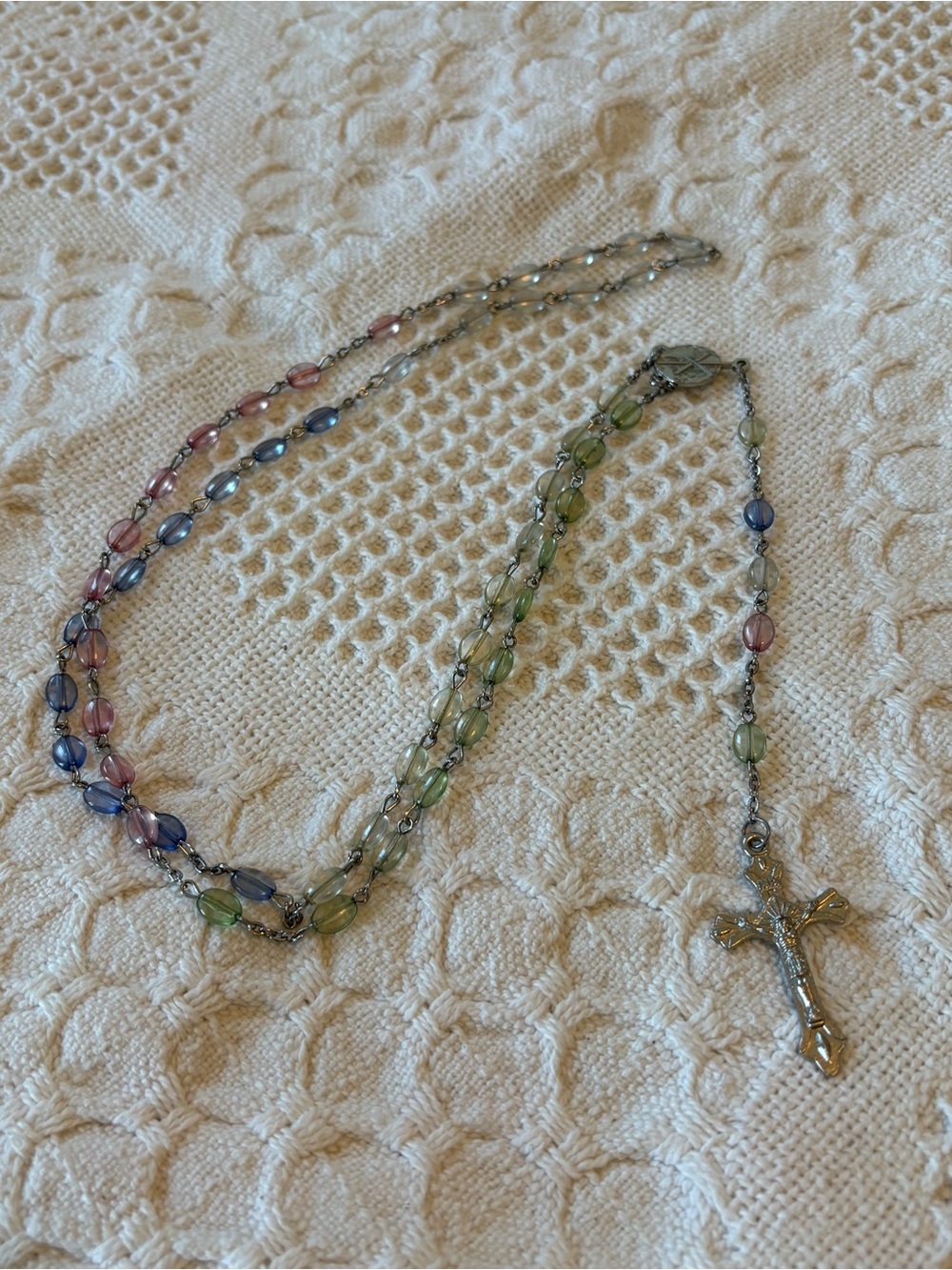 Multicolor Bead Rosary Necklace with Silver Cross
